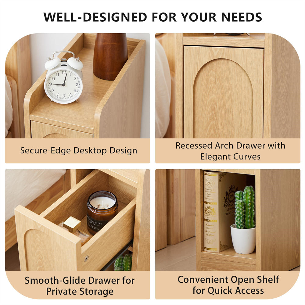 Wooden desk with features like a secure-edge desktop, recessed arch drawer, smooth-glide drawer, and open shelf.