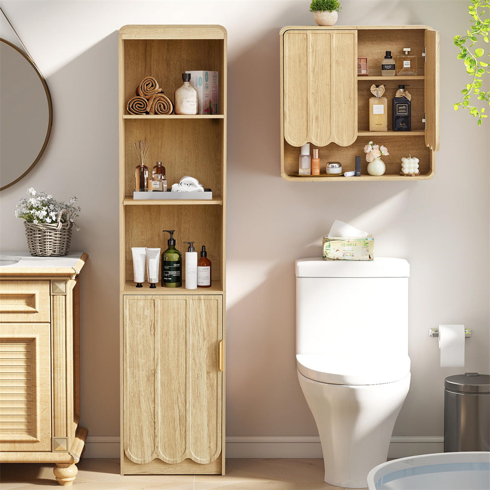 Bathroom with wooden shelves, toilet, and sink.