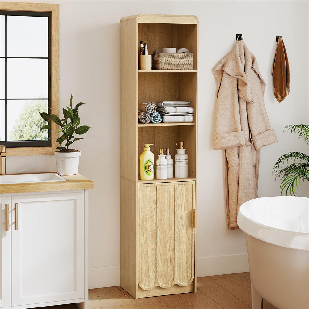 Bathroom with wooden storage cabinet, sink, and bathtub.