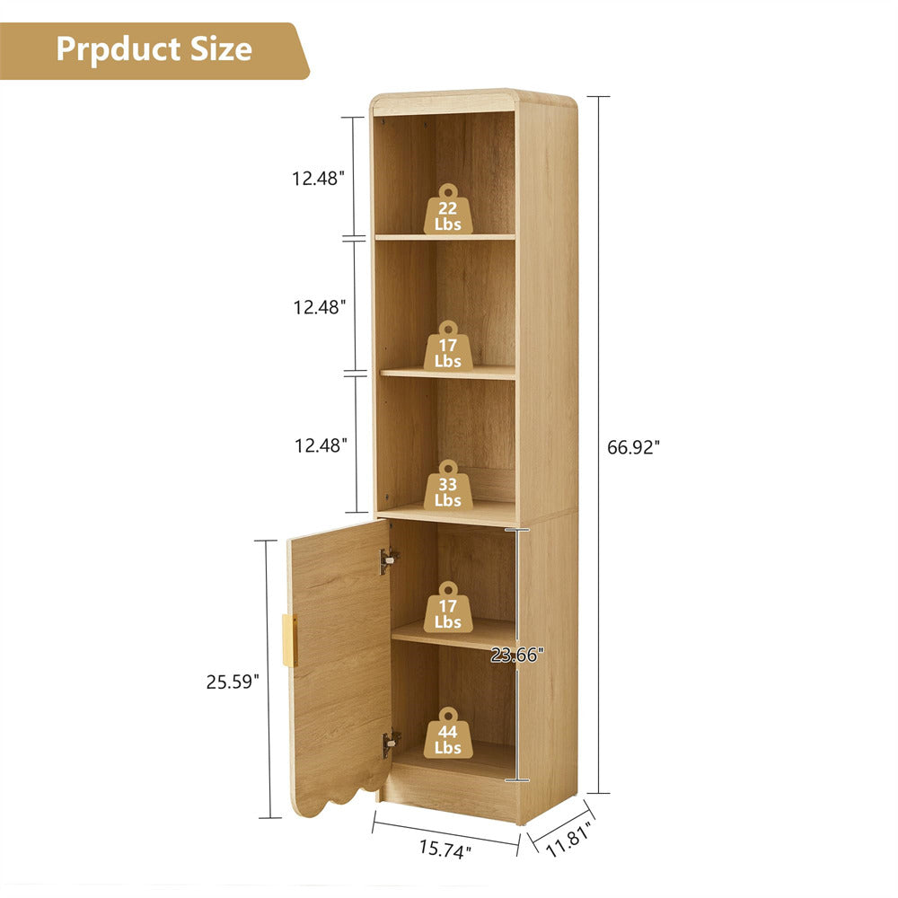 Wooden bookshelf with dimensions and weight labels on a white background