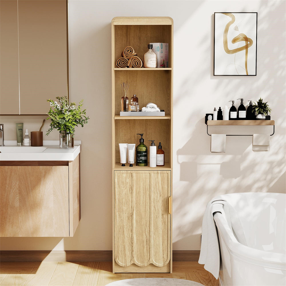 Bathroom with wooden shelf and various items, including a sink and decorative elements.