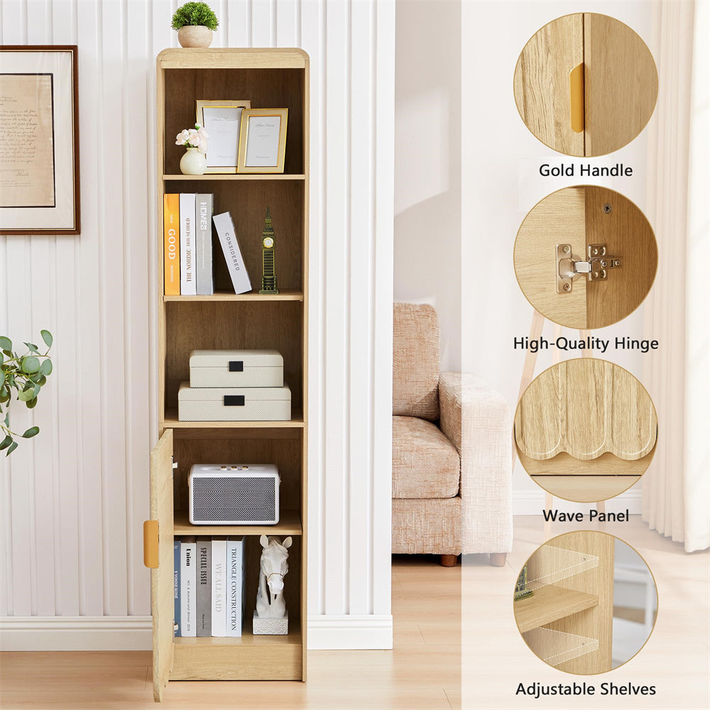Wooden bookshelf with gold handle, high-quality hinge, wave panel, and adjustable shelves, placed in a room with a sofa and decor.