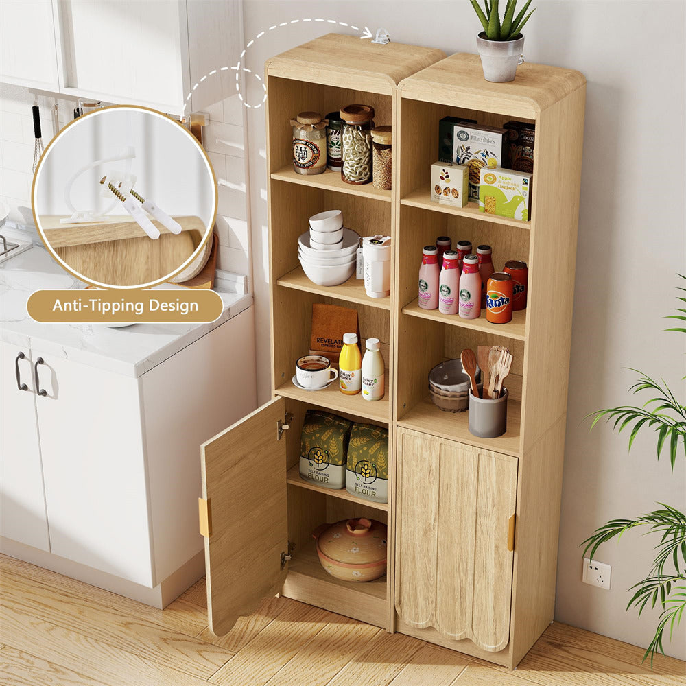 Wooden kitchen cabinet with open doors displaying various items, including a close-up of the anti-tipping design.