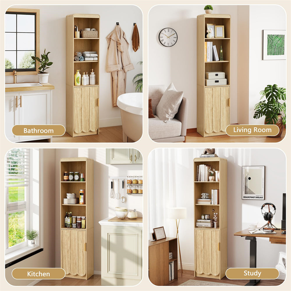 Collage of a wooden bookshelf in different rooms including bathroom, living room, kitchen, and study.