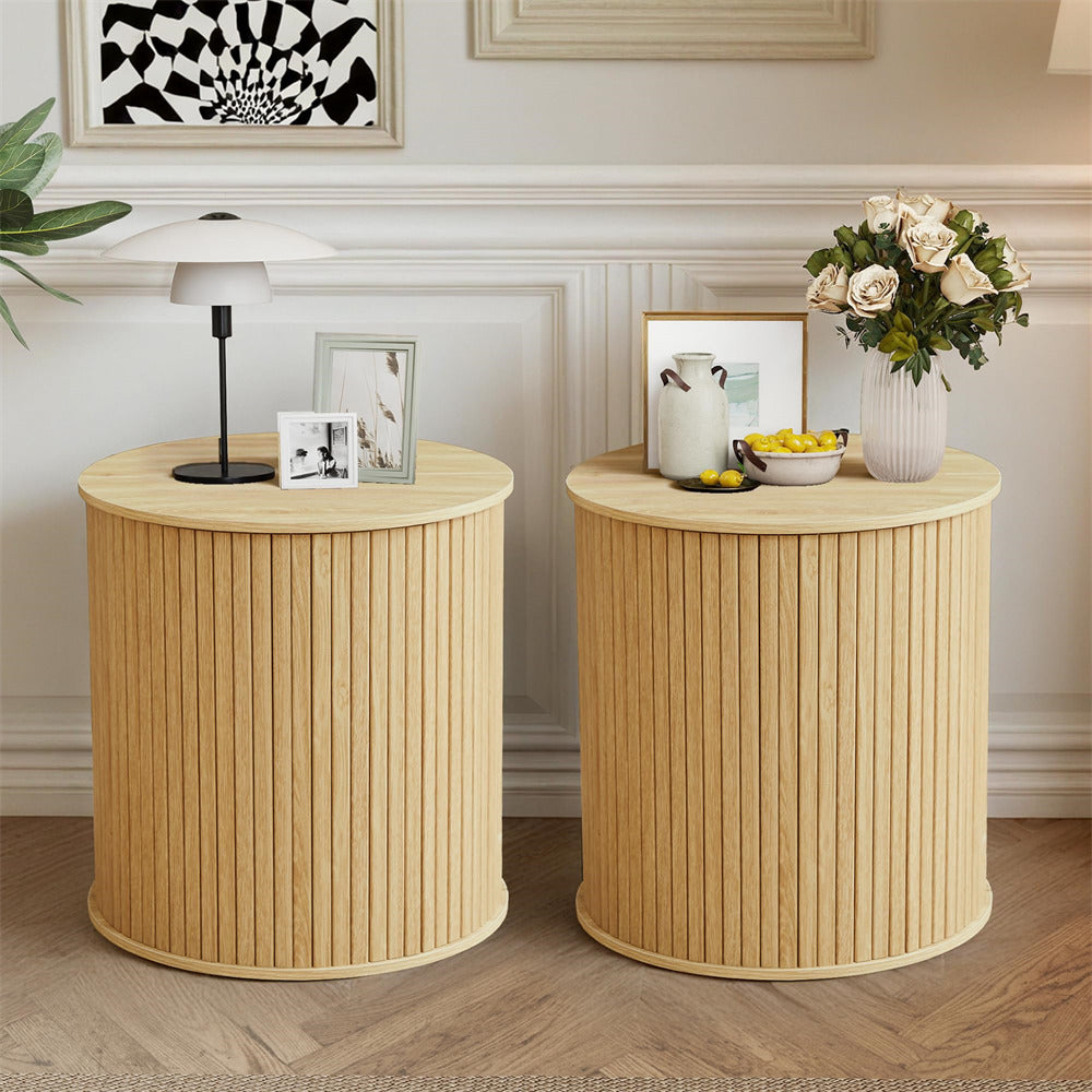 Two wooden side tables with decorative items in a room setting.