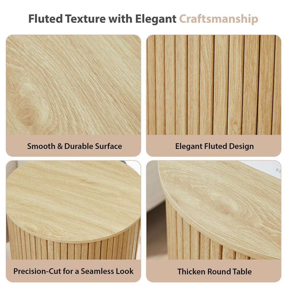 Wooden stool with fluted texture and elegant craftsmanship, shown from different angles.