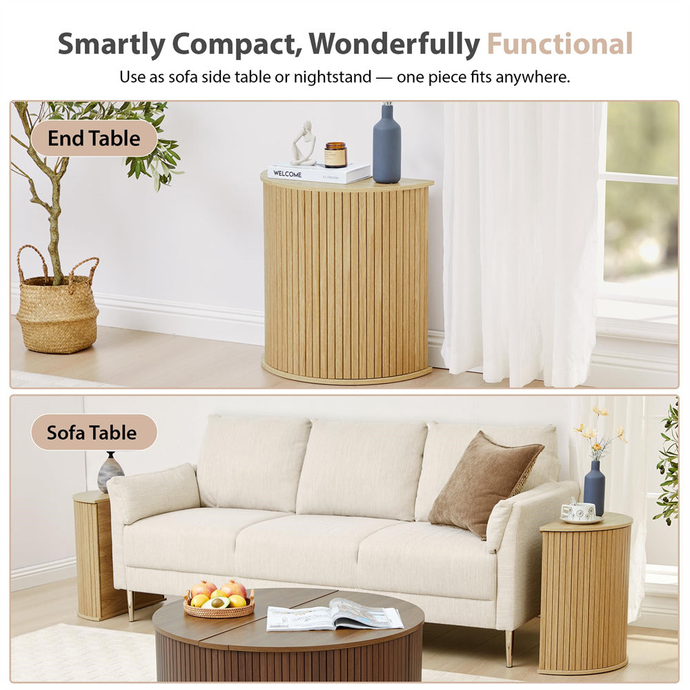 Wooden side table used as a sofa table in a living room setting.