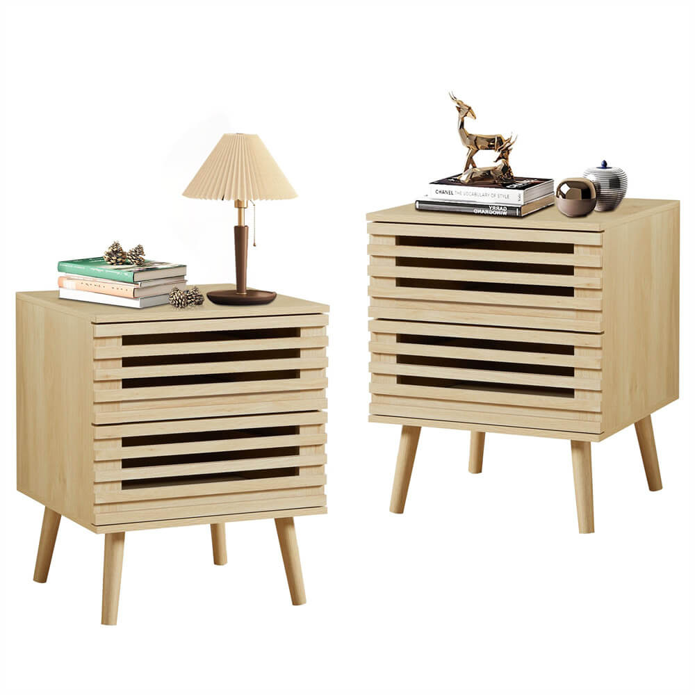 Natural Oak Wooden Nightstand Storage Side Table with 2 Storage Hollowed-Out Drawers