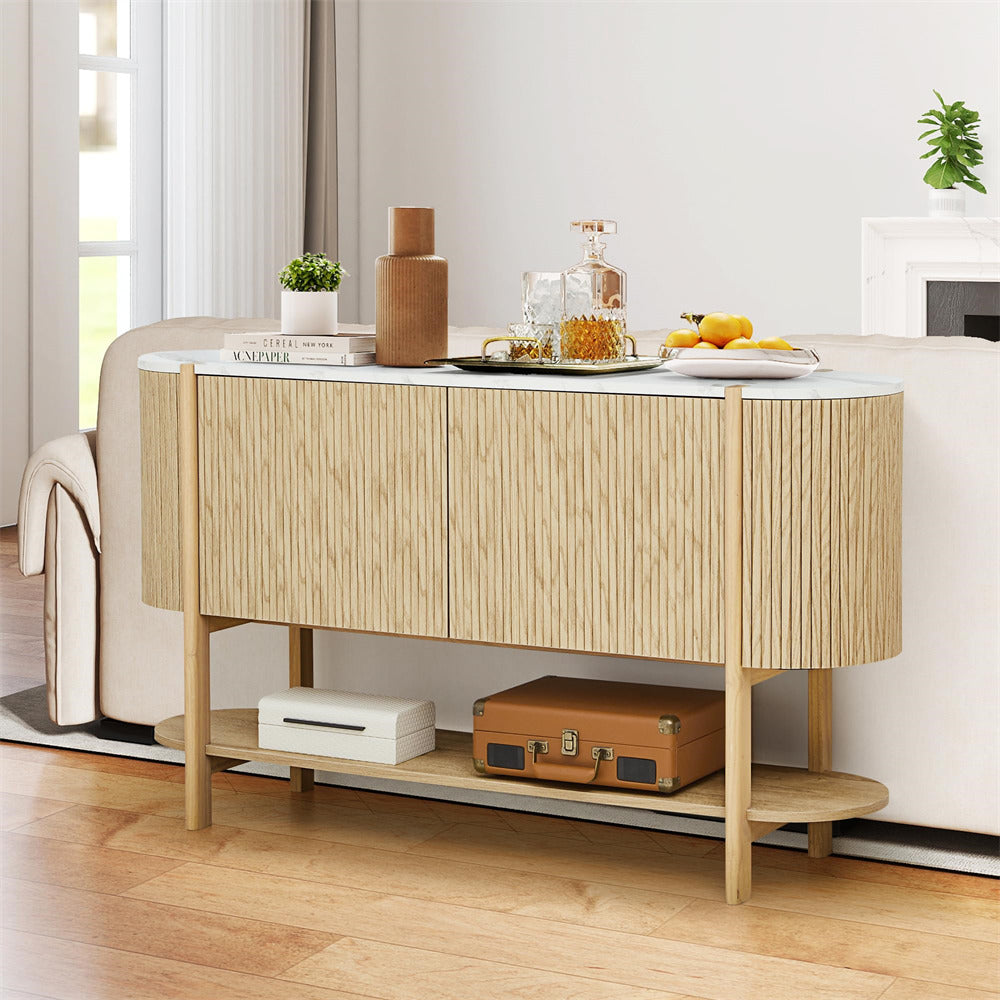 Wooden sideboard with decorative items in a living room setting