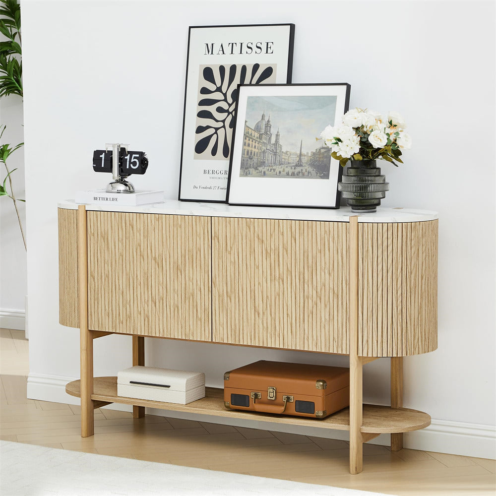 Wooden console table with decorative items in a room setting
