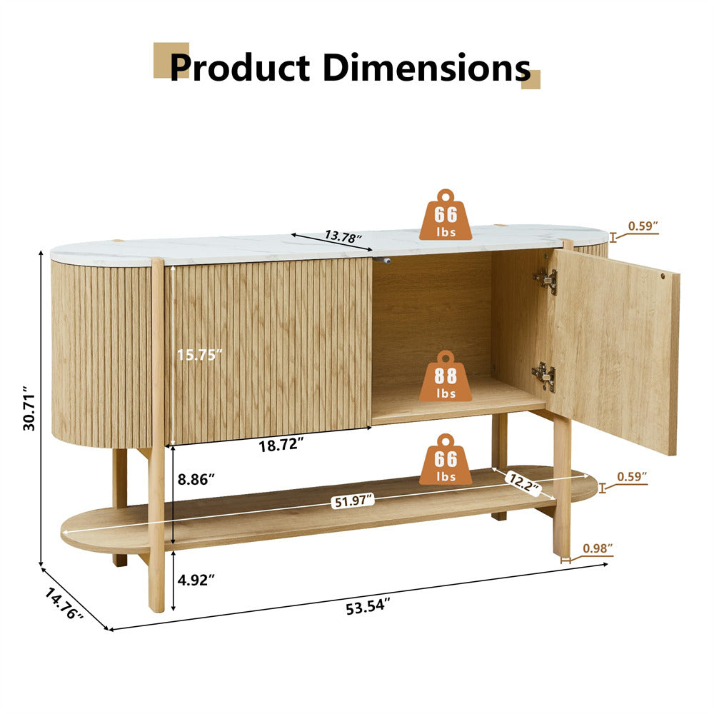 Wooden sideboard with dimensions and weight indicators on a white background