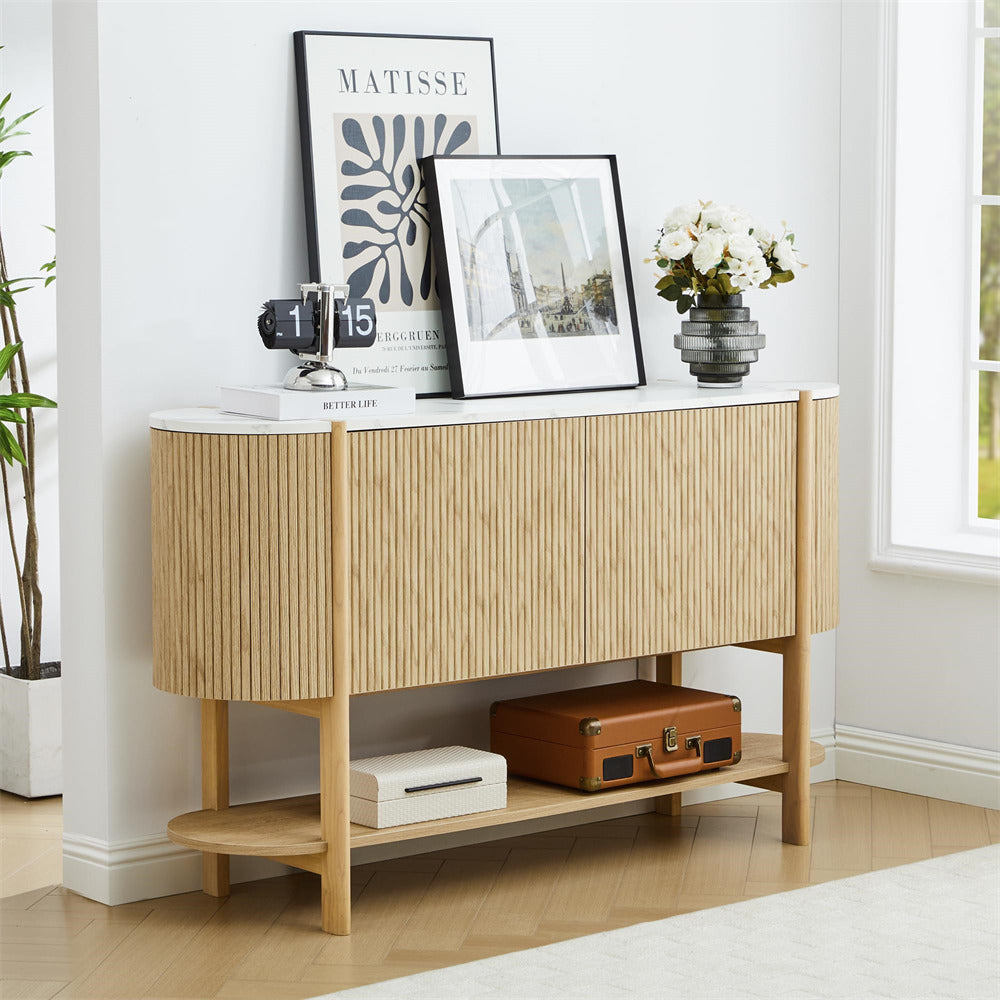Wooden console table with decor items in a room setting