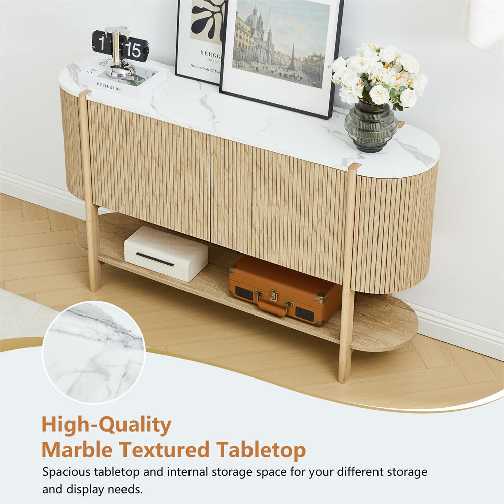Wooden console table with marble-textured top in a room setting