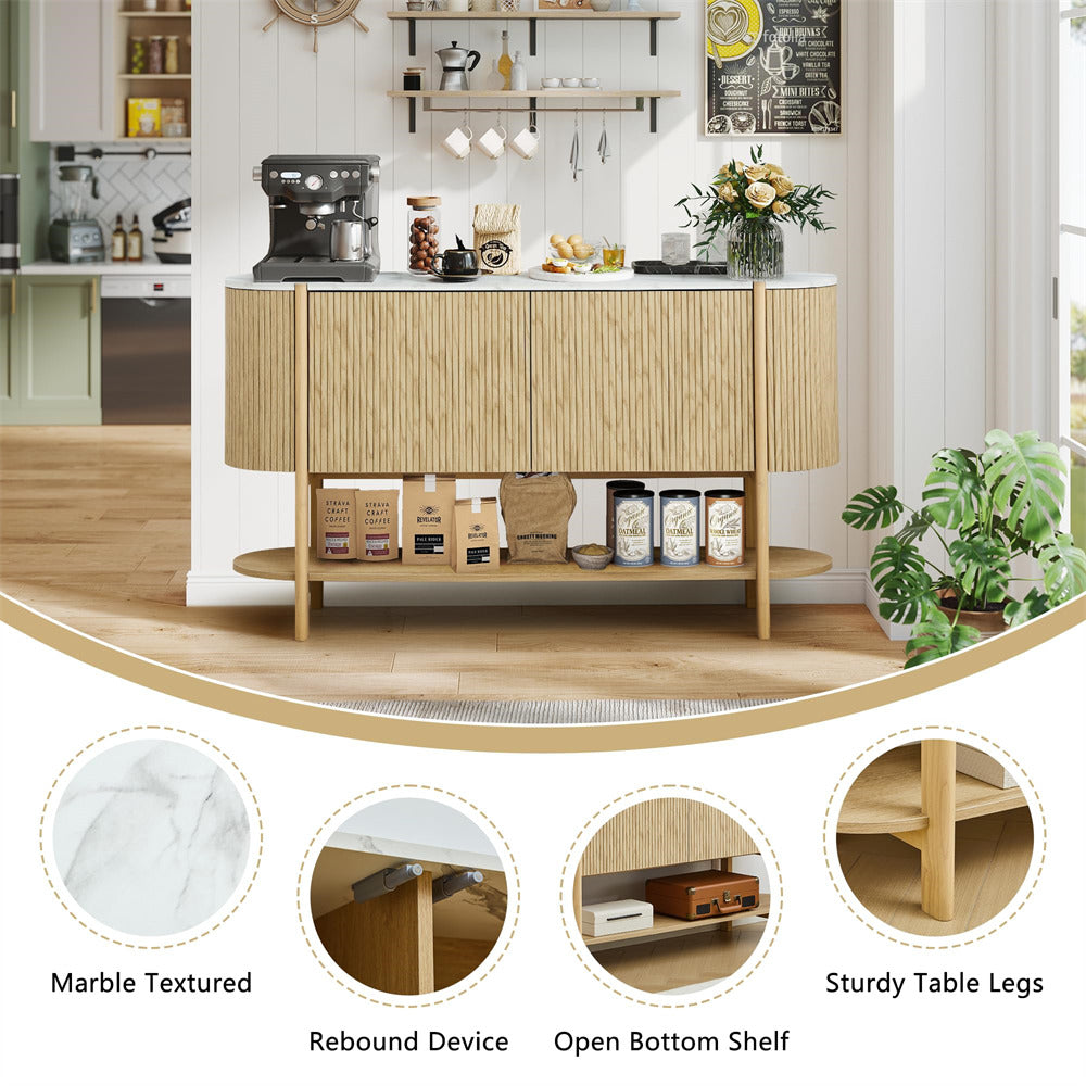 Wooden kitchen island with marble-textured countertop, rebound device, and open bottom shelf in a modern kitchen setting.