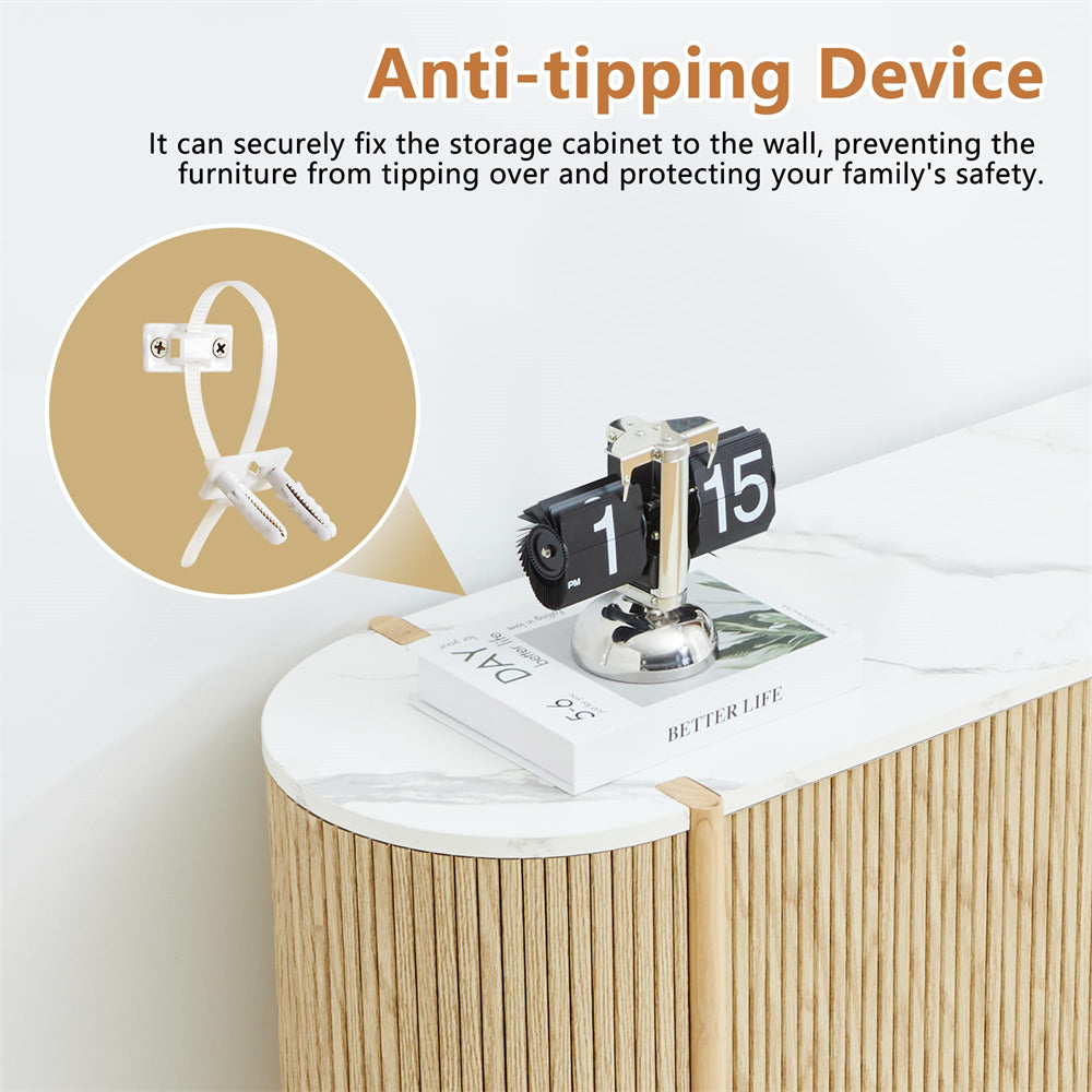 Anti-tipping device for a storage cabinet with text explaining its function.