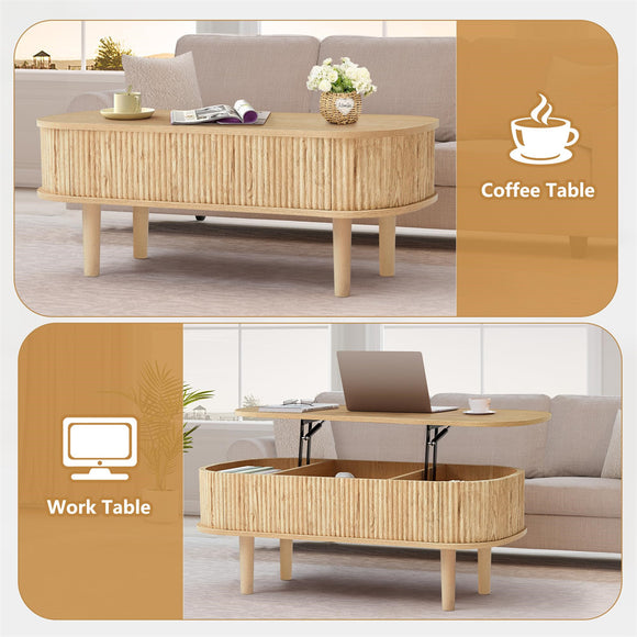 Modern Oval Fluted Wooden Lift Top Coffee Table with Hidden Compartmen ...