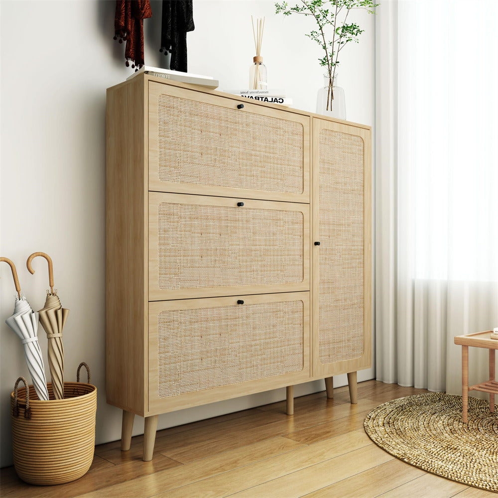 Natural Rattan Shoe Cabinet Natural with 3 Flip Drawers and Storage Shelve