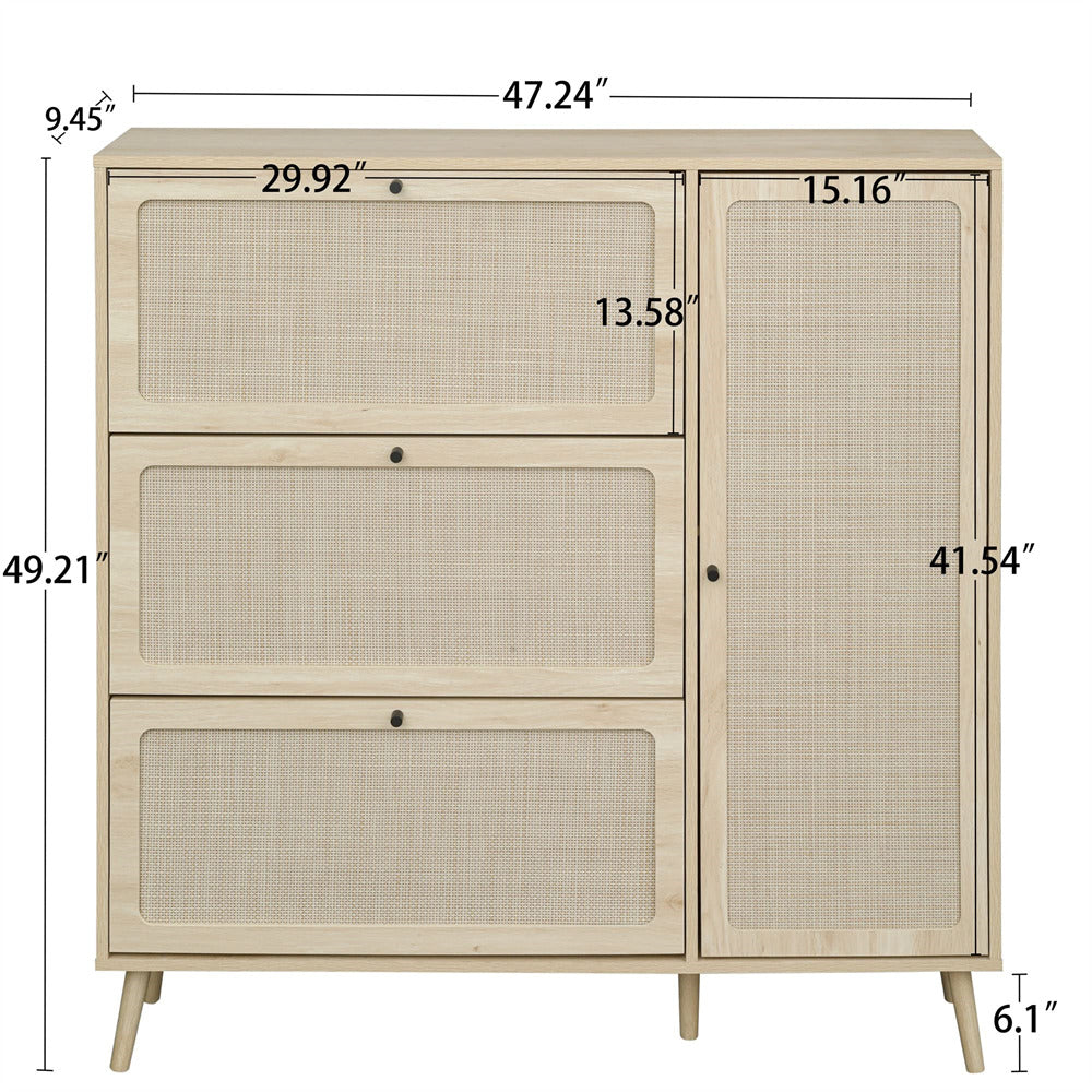 Natural Rattan Shoe Cabinet Natural with 3 Flip Drawers and Storage Shelve Size