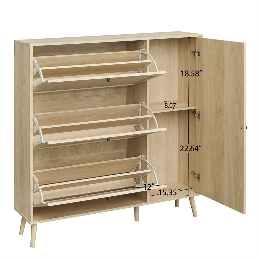 Natural Rattan Shoe Cabinet Natural with 3 Flip Drawers and Storage Shelve