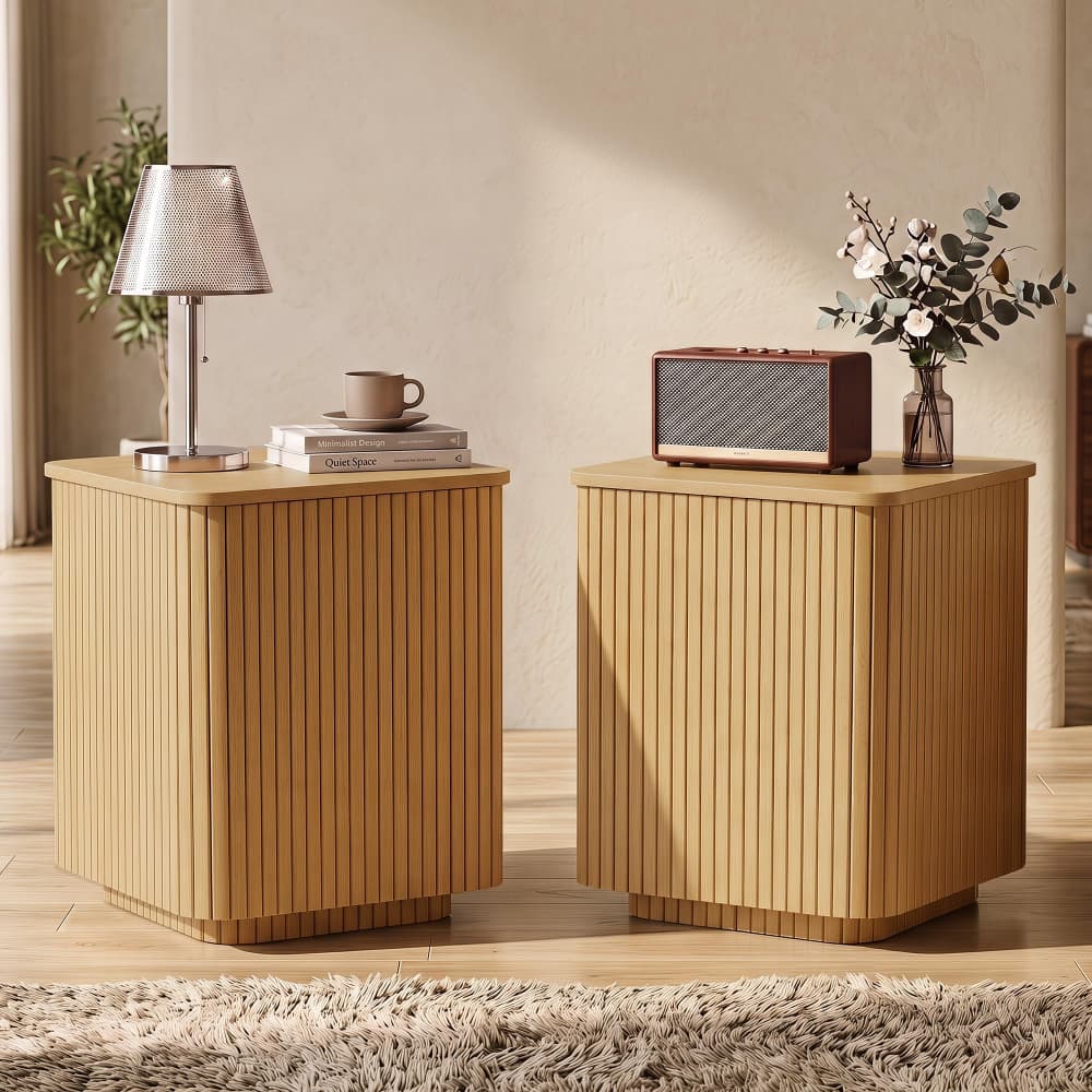 Natural Set of 2 18" Square Fluted End Table with Removable Lid Access and Storage