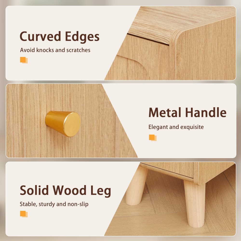 Three promotional panels showing close-up features of a light wood furniture piece: curved edges with text 'Curved Edges', a round metallic gold handle with text 'Metal Handle', and solid wood legs with text 'Solid Wood Leg'.