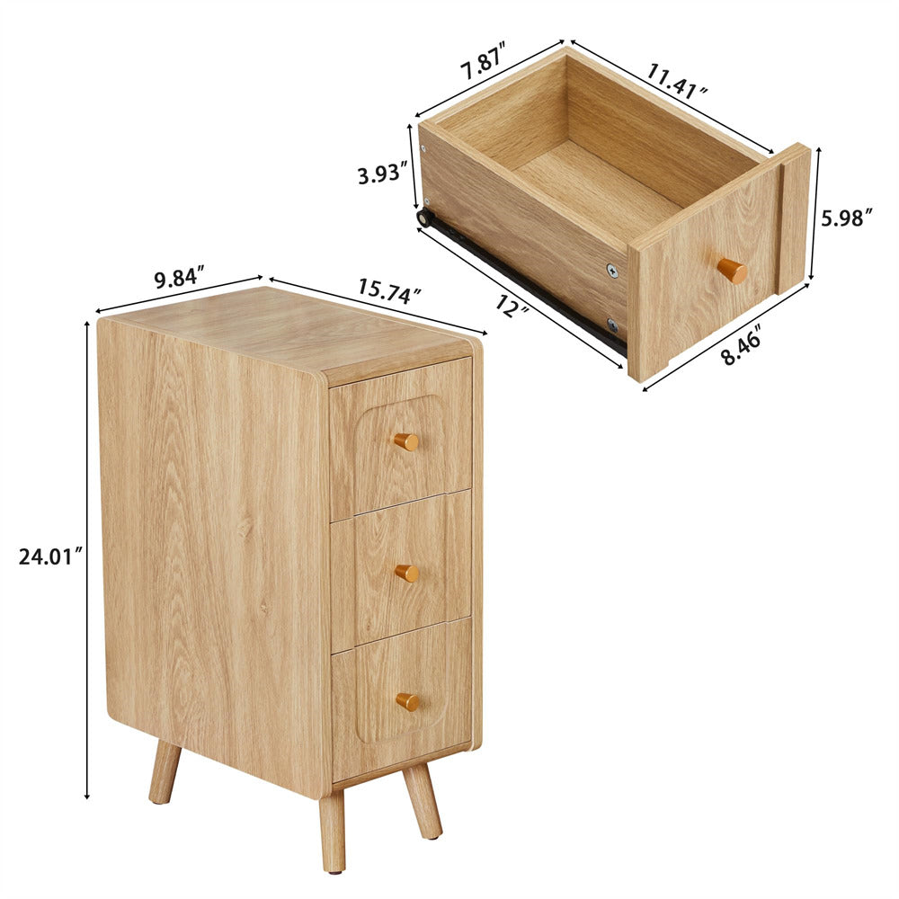 Wooden nightstand with dimensions labeled on a white background