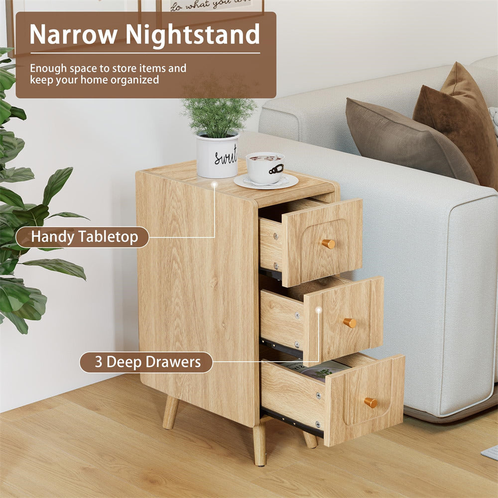 Wooden nightstand with three drawers in a living room setting.