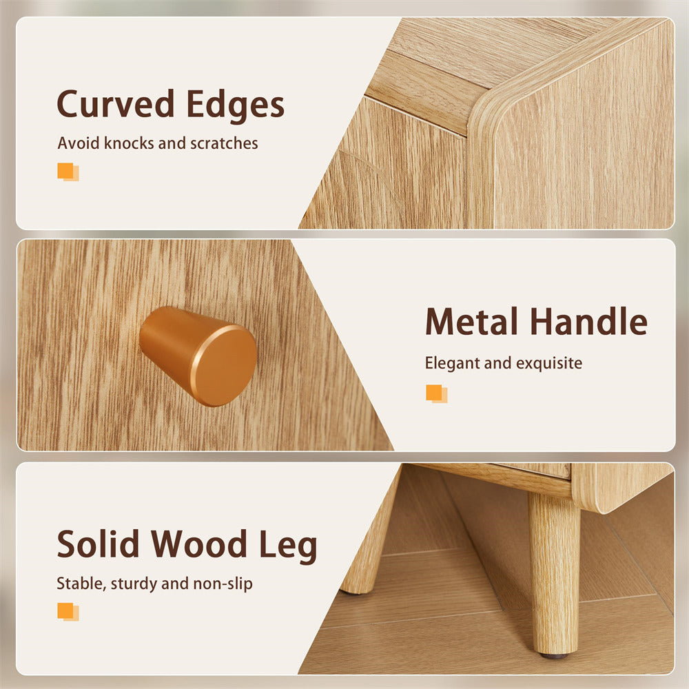 Wooden stool with curved edges, metal handle, and solid wood leg, on a beige background.