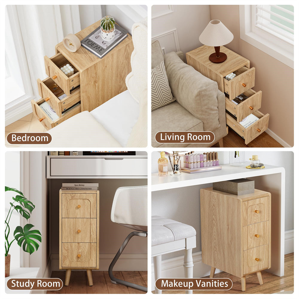 Wooden furniture with drawers in various rooms including bedroom, living room, study room, and makeup vanities.