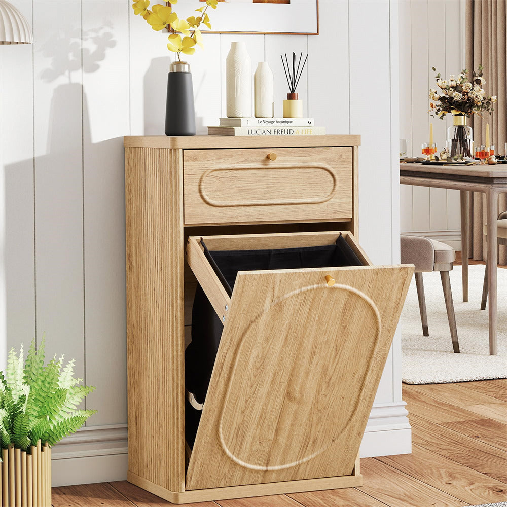 Natural Tilt Out Wood Kitchen Garbage Bin Farmhouse Hidden Trash Can with Drawer