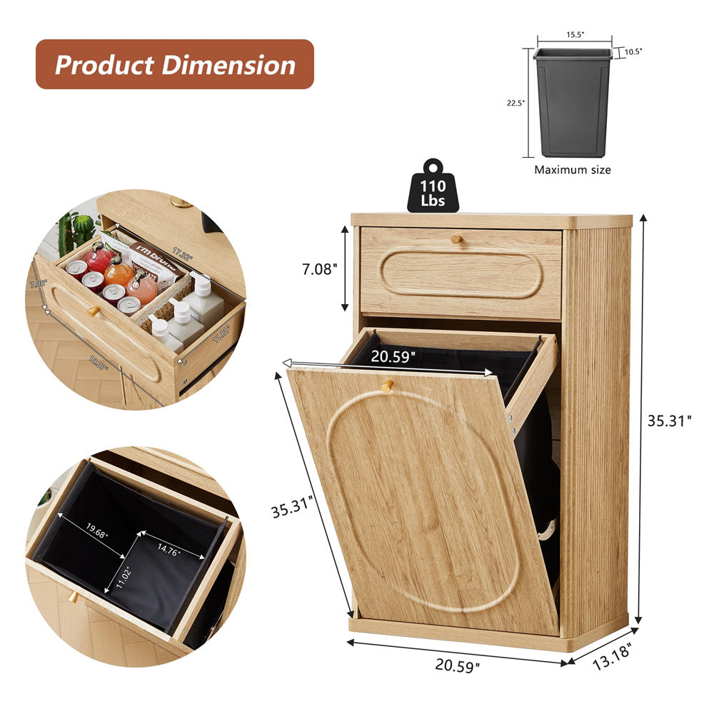 Wooden trash can with dimensions and product details on a white background