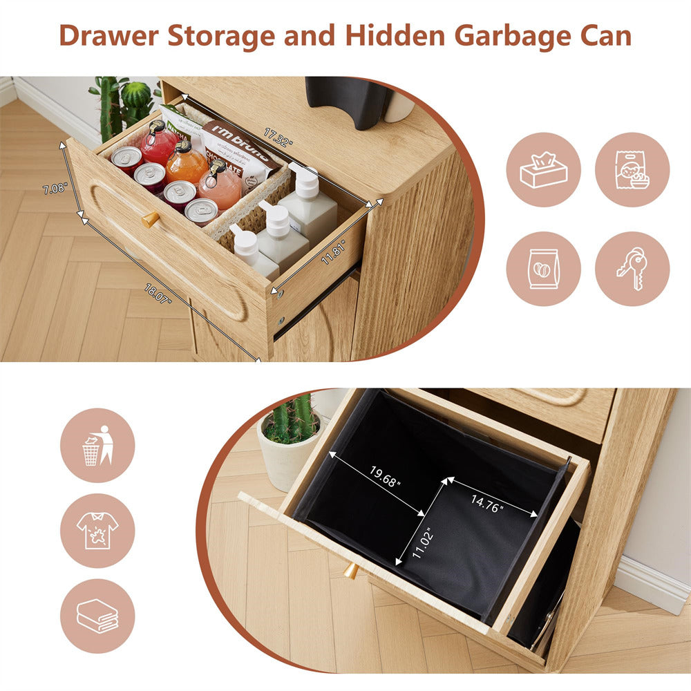 Wooden drawer with storage compartments and hidden garbage can, showing dimensions.