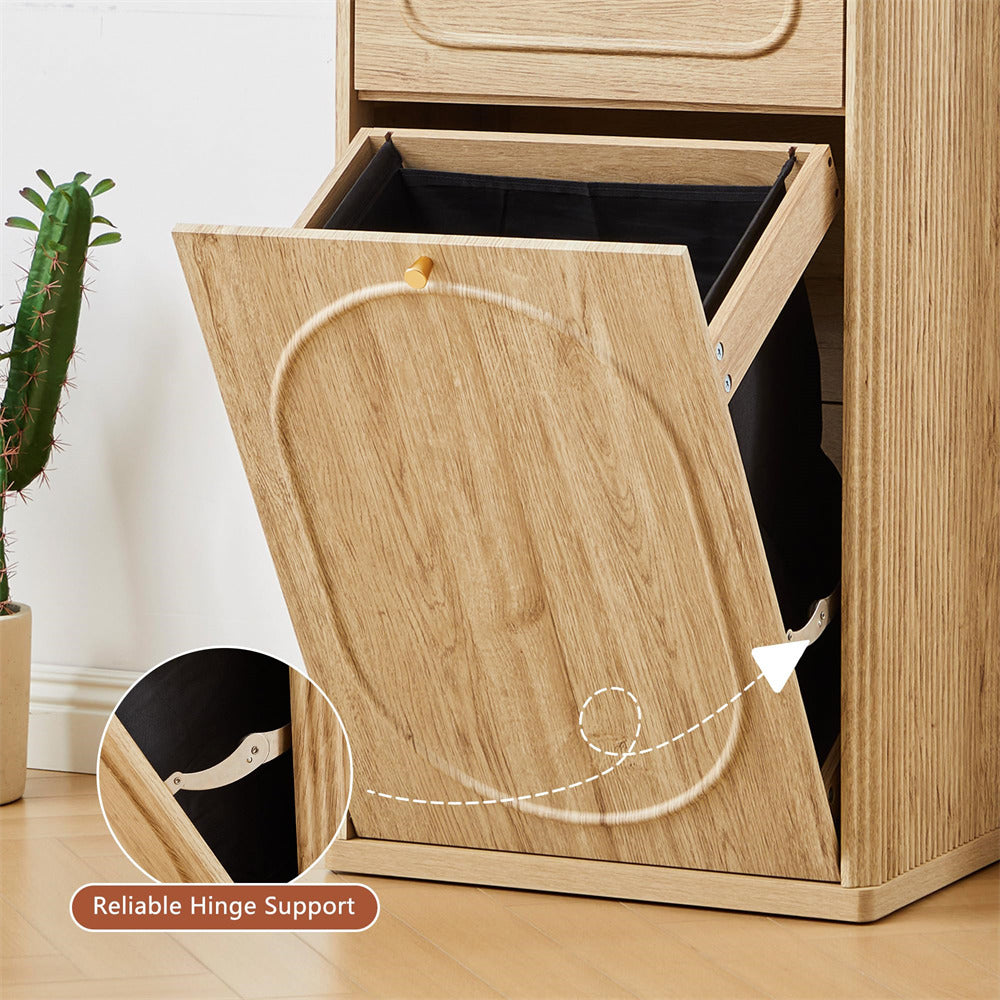 Wooden trash bin with open lid showing reliable hinge support, cactus plant in the background.