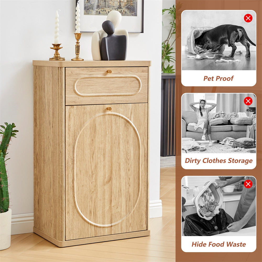 Wooden shoe cabinet with pet proof, dirty clothes storage, and hide food waste features on a wooden panel.