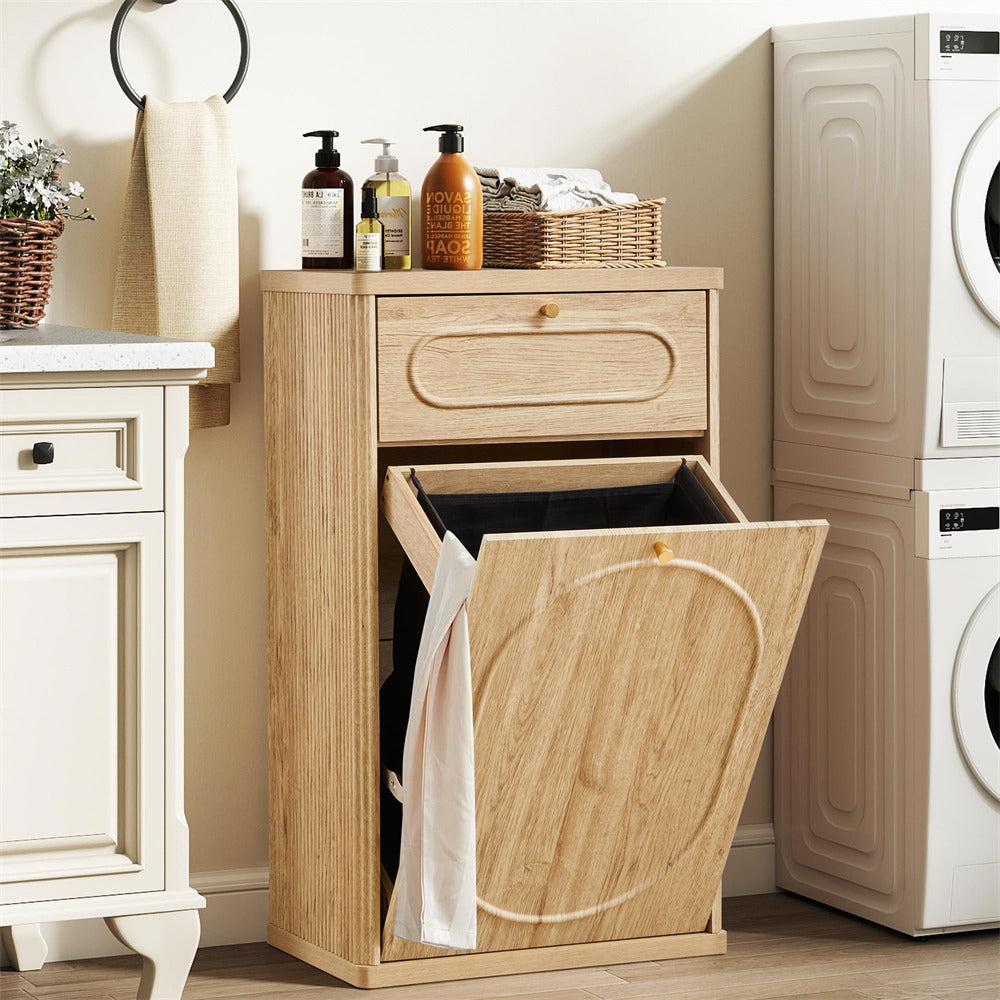 Wooden laundry basket with open lid in a laundry room setting.