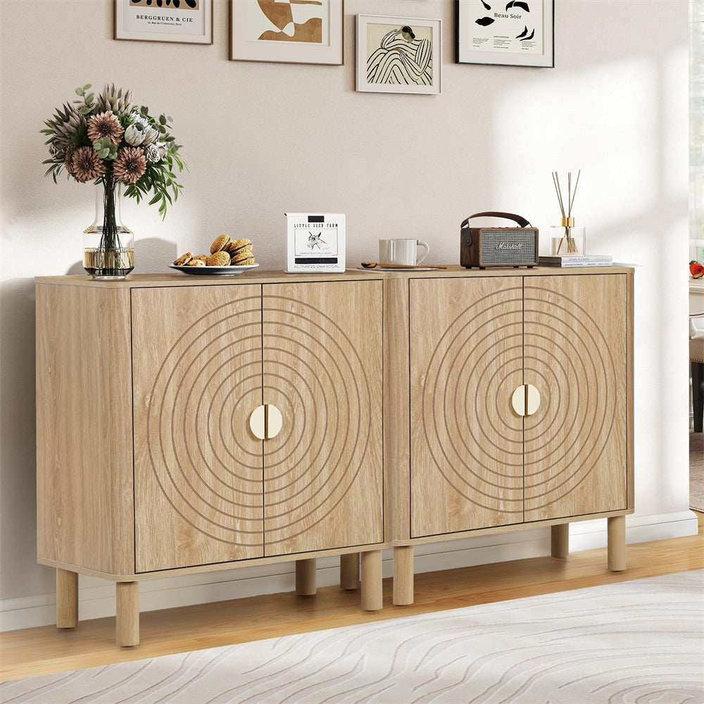 Wooden sideboard with decorative items in a room setting