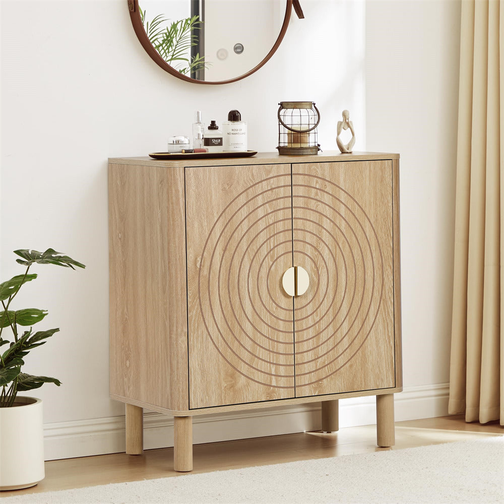Wooden cabinet with circular design in a room with a plant and mirror.