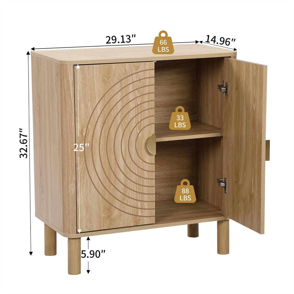 Wooden cabinet with measurements and weight indicators on a white background