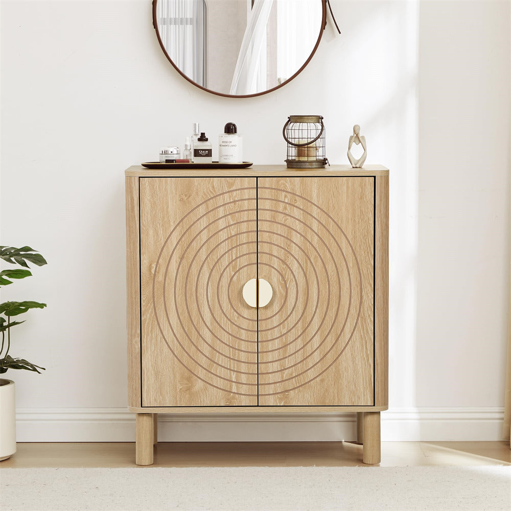 Wooden cabinet with circular design in a room with a mirror and plant.