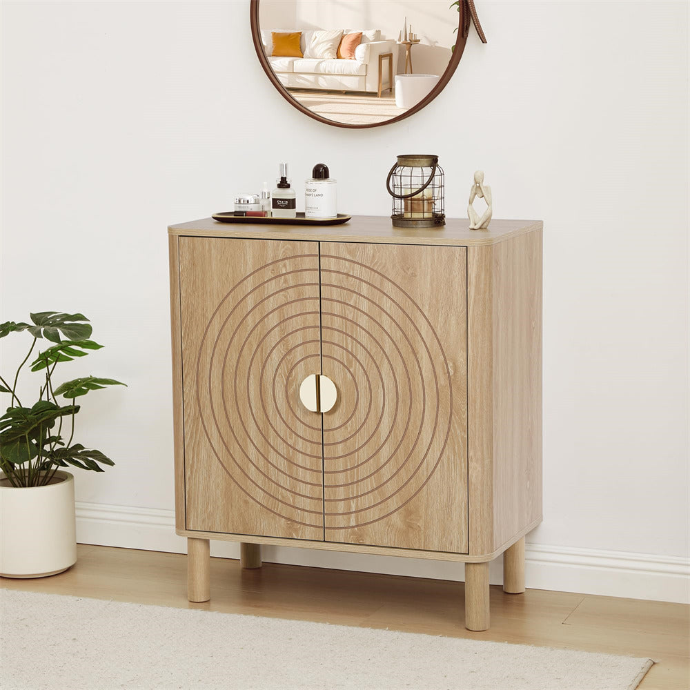 Wooden cabinet with circular design in a room setting