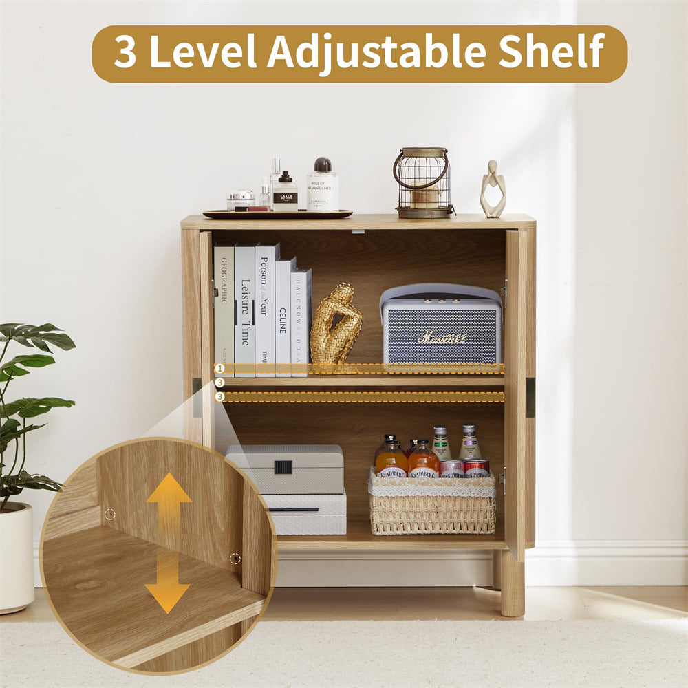 Three-level adjustable shelf with books, decorative items, and bottles in a room setting.