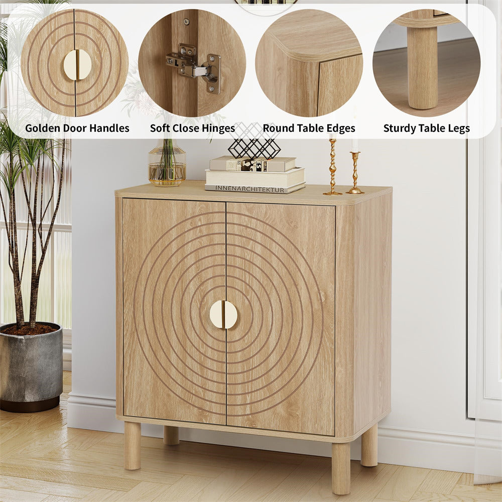 Wooden cabinet with decorative elements and close-up details on a white background