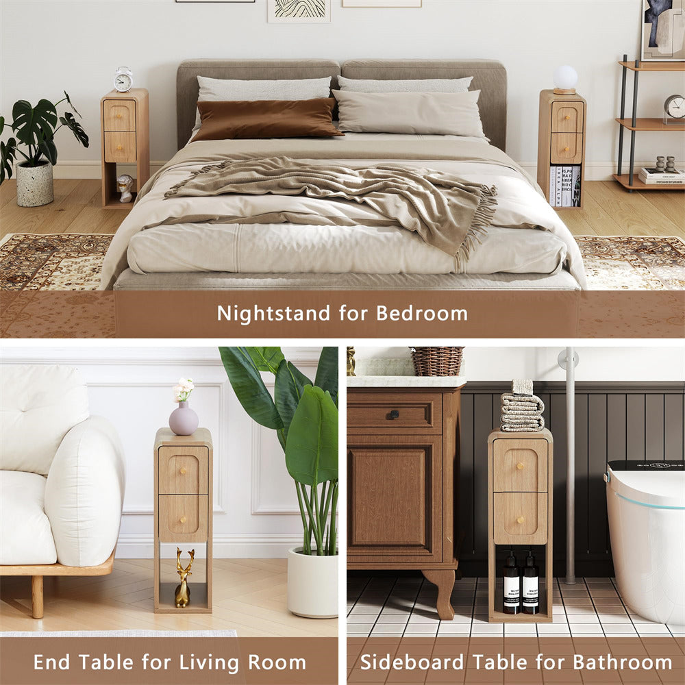 A collage showing a wooden nightstand/table in bedroom, living room, and bathroom settings. The top panel shows the table beside a bed labeled 'Nightstand for Bedroom'; the bottom-left shows it in a living room next to a sofa and plant; the bottom-right shows it as a sideboard table next to a bathroom vanity and toilet.