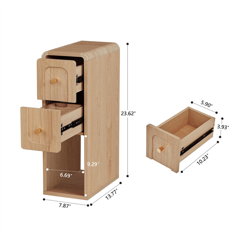 A light natural wood drawer organizer cabinet with two pull-out drawers and an open lower shelf, shown with dimension callouts and a separate drawer depth view on a white background.