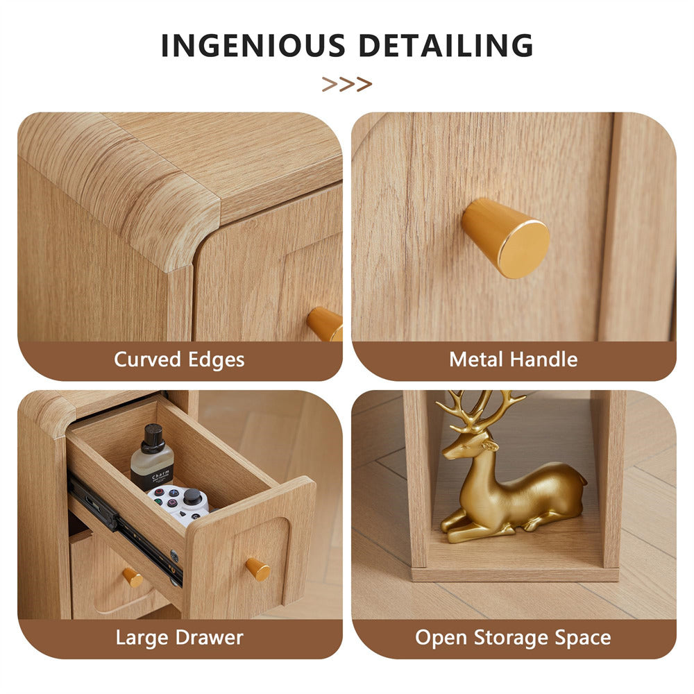 Four-panel feature graphic for a light oak wood cabinet with rounded curved edges, a small gold metal handle, a large open drawer, and open storage space, under the heading 'INGENIOUS DETAILING'.