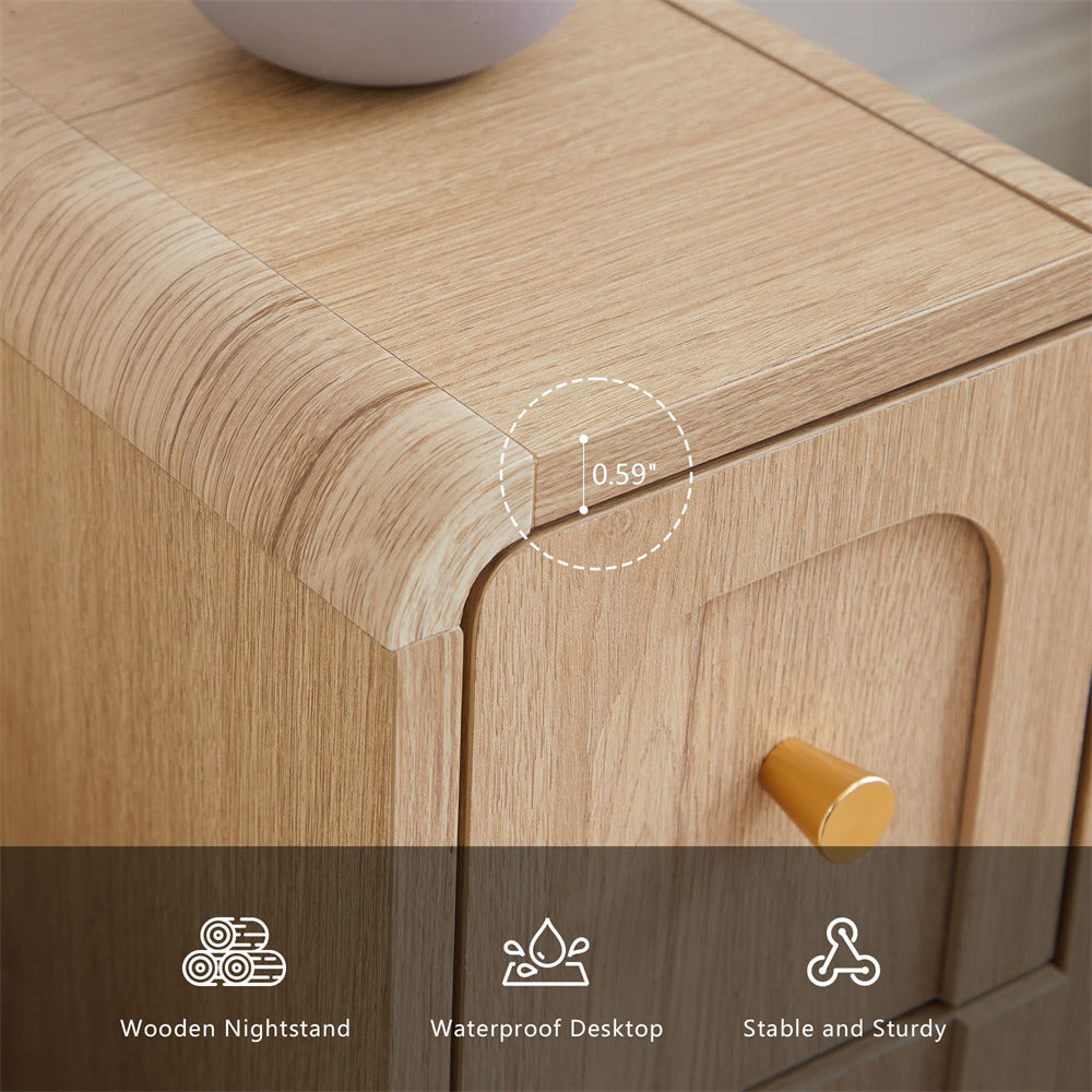 Close-up of a light oak wood nightstand showing the corner joint, a small round wooden knob, and feature callouts including '0.59"' and text reading 'Wooden Nightstand', 'Waterproof Desktop', and 'Stable and Sturdy'.