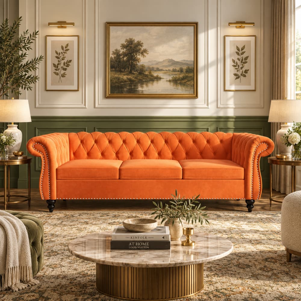 Orange Velvet 3 Seater Chesterfield Sofa with Button Tufted Back