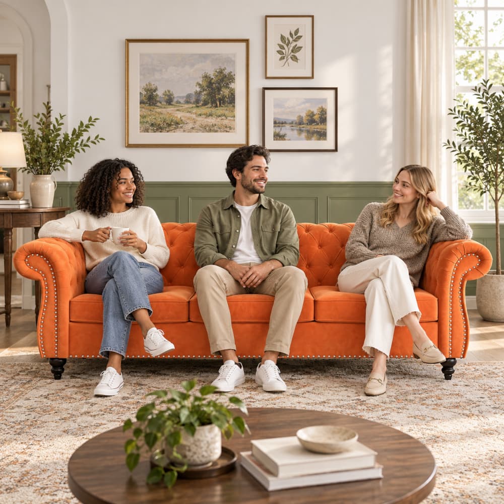Three people sitting on a bright orange tufted loveseat in a styled living room with framed wall art, green wainscoting, and a round wooden coffee table in the foreground.