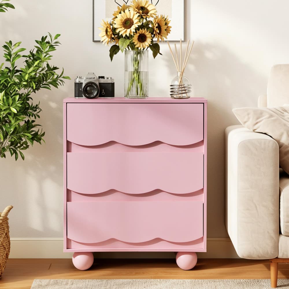 Pink Mid-Century Modern Scalloped 3 Drawer Nightstand Side Table with Ball Feet