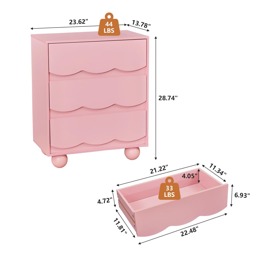 Pink three-drawer nightstand with dimension callouts, weight labels, and a separate matching storage bin shown on a white background.